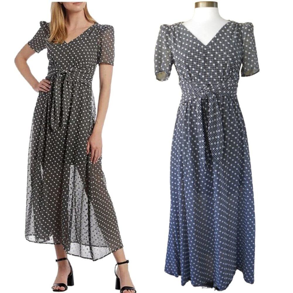 NWT Calvin Klein Chiffon Maxi Dress Black White Tufted Dot Check Puff Sleeve